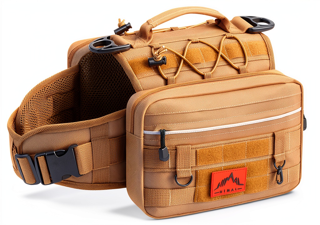 GoHimal Dog Backpack Adjustable Nylon Pet Carrier Hiking on a trail with a German Shepherd