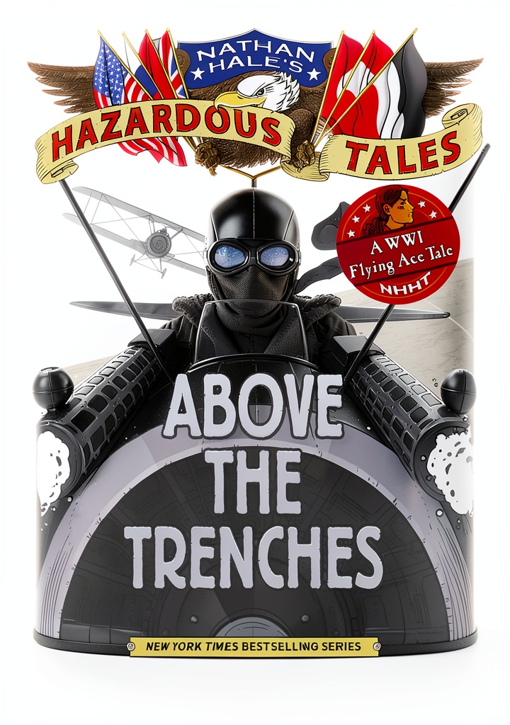 Child reading Nathan Hale's Hazardous Tales on a wooden desk with illustrated battle scene