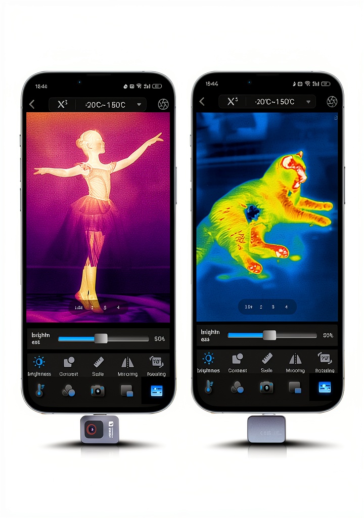 Thermal Master P2 imager displaying a thermal scan on an Android phone