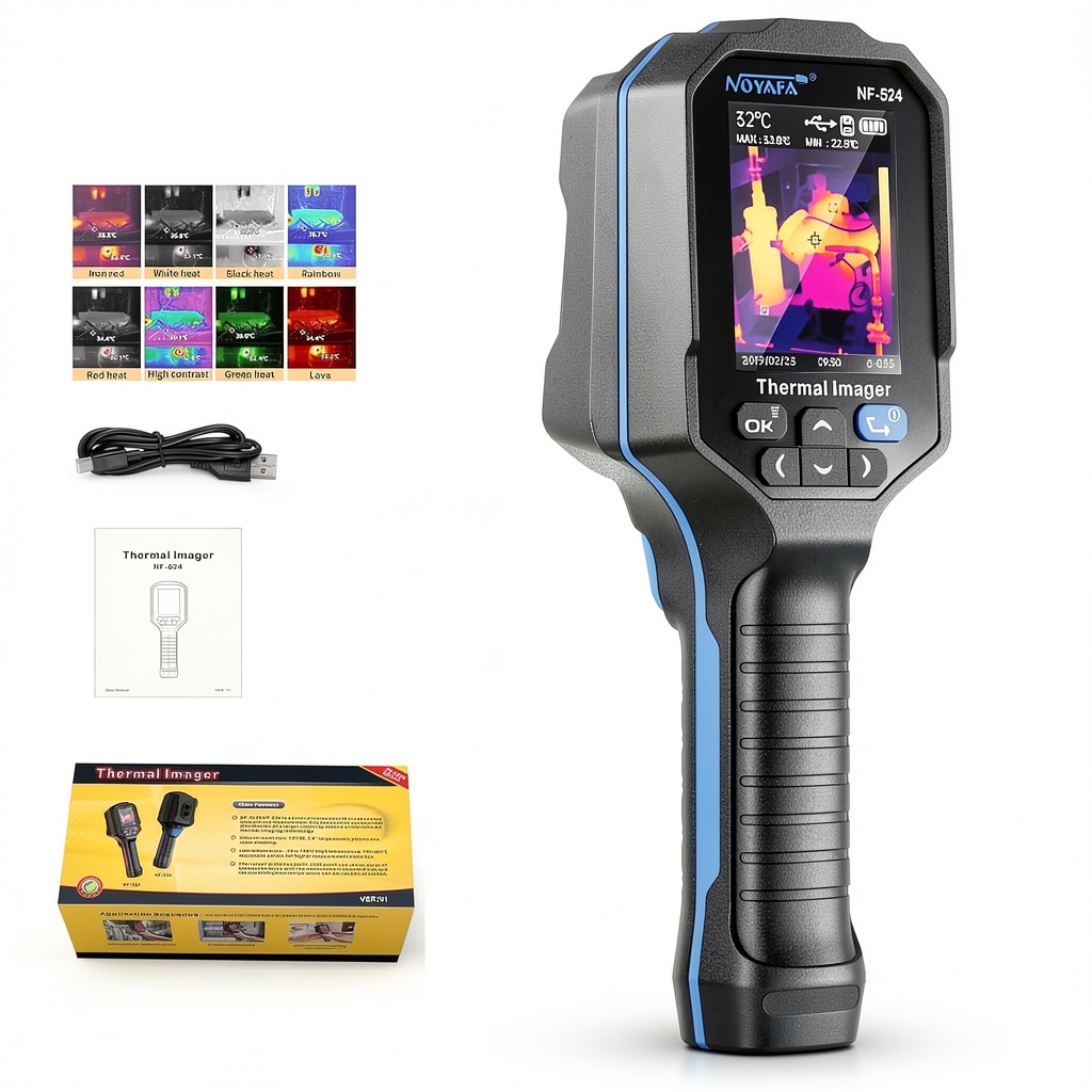 'NOYAFA NF-524 thermal imager displaying temperature readings on a screen'
