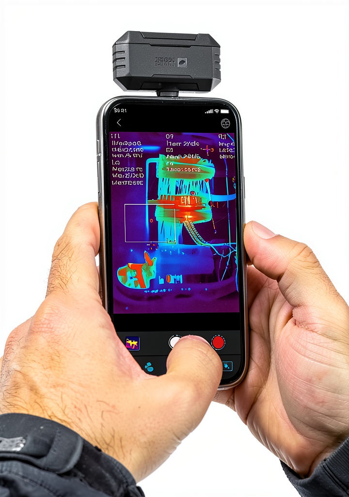 Thermal Master P1 Imager attached to a USB‑C smartphone on a workbench, showing thermal overlay