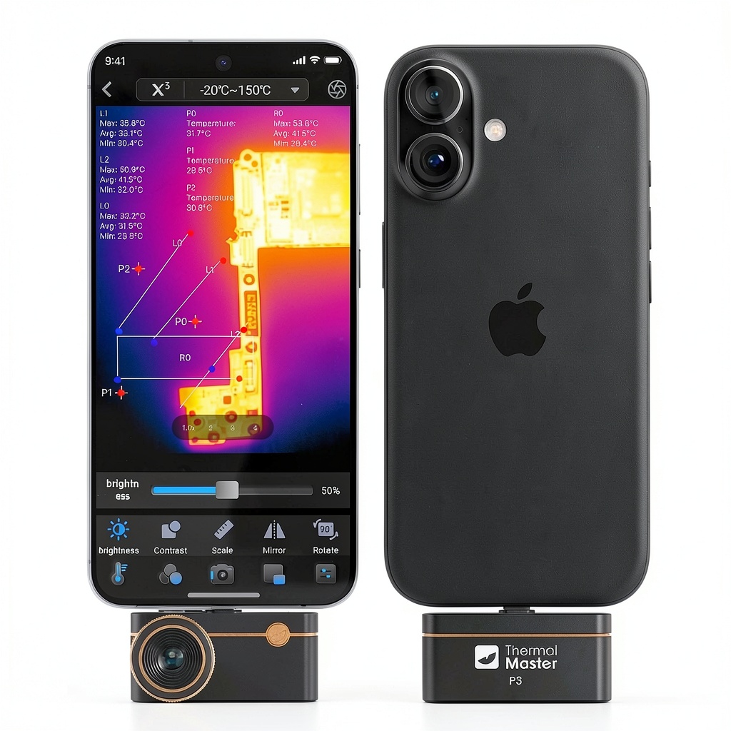Thermal Master P3 thermal imager displaying high-resolution thermal image on a smartphone
