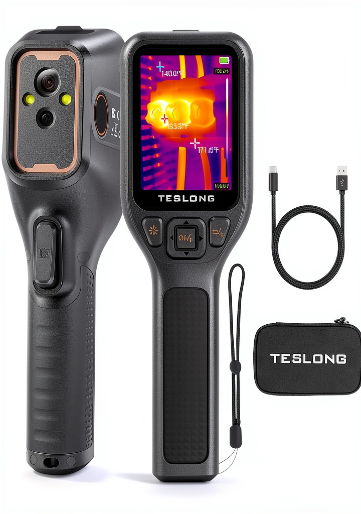 Teslong TTM120S thermal imager displaying a high-resolution thermal image on its 3.2-inch screen