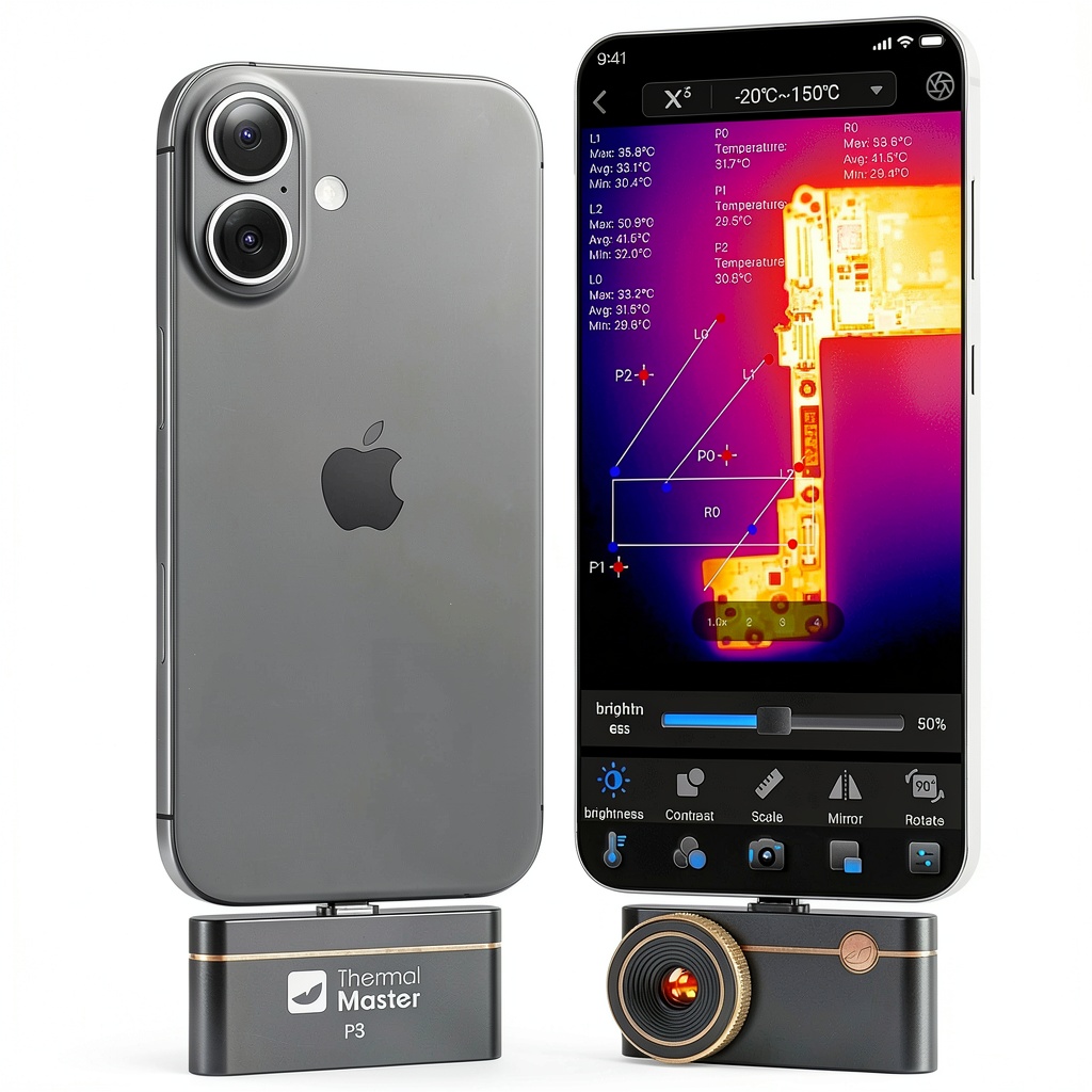 Thermal Master P3 thermal camera displaying heat patterns on a circuit board during electronics repair