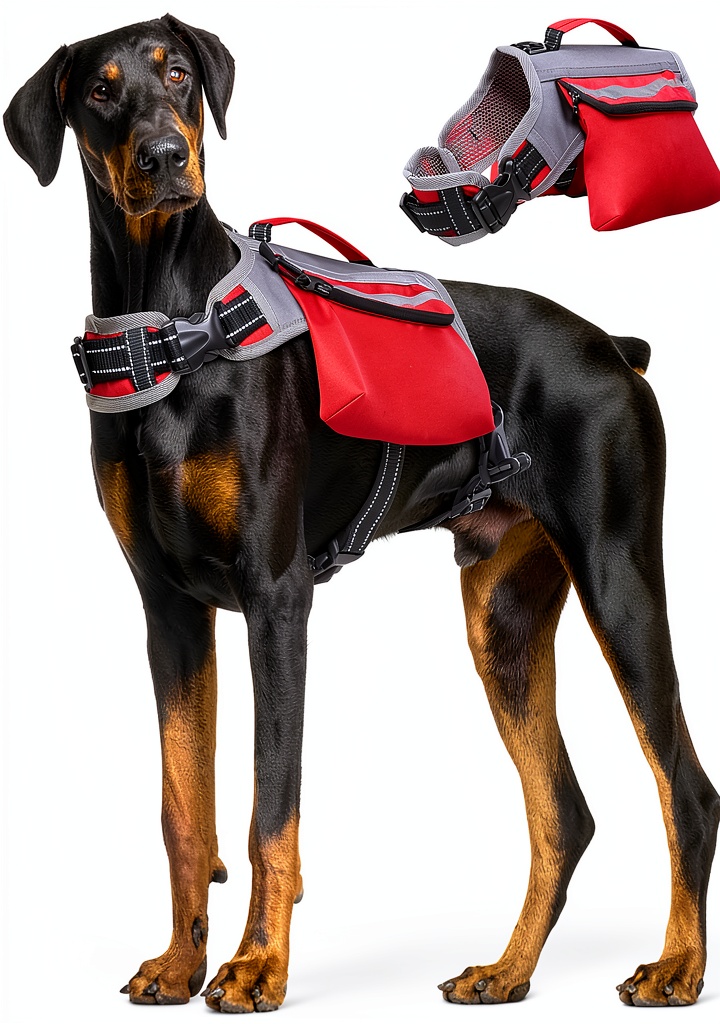 Installing DENTRUN Dog Backpack Waterproof Red Hiking on a wooden desk
