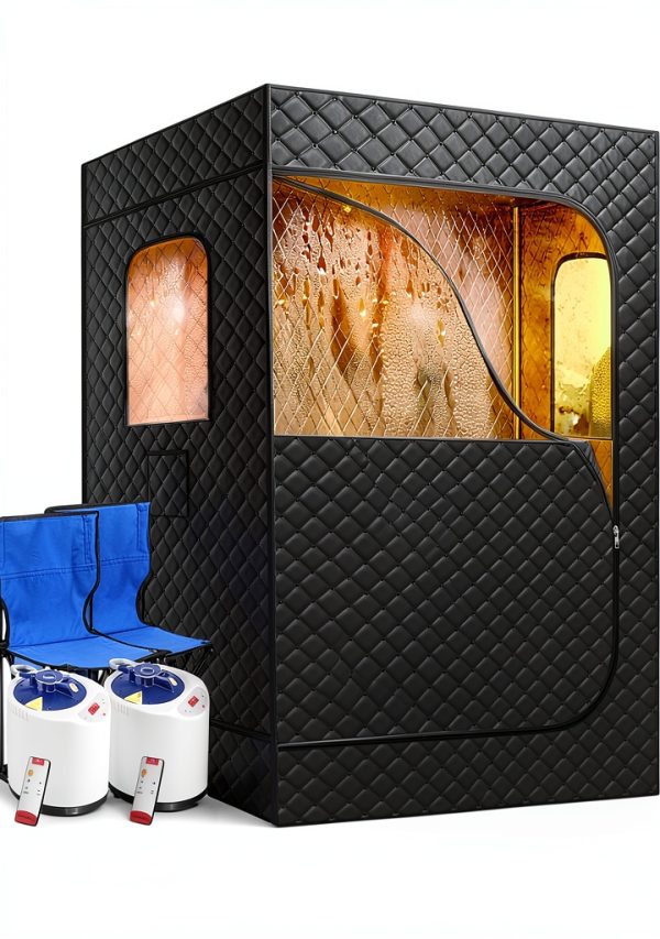 2 Person Portable Steam Sauna Tehanld Large Black with Dual 1200W-0