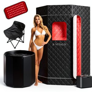 Upgraded Steam Sauna Portable with Red Light Therapy with Ice Bath Tub for Home Personal Home Spa Contrast Therapy (Black)-0