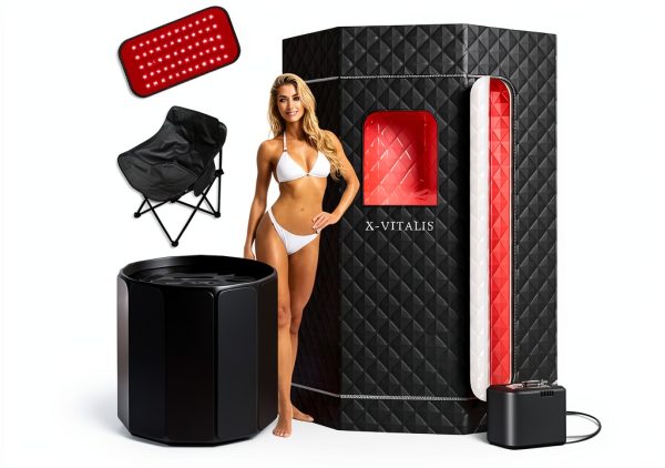 Upgraded Steam Sauna Portable with Red Light Therapy with Ice Bath Tub for Home Personal Home Spa Contrast Therapy (Black)-0
